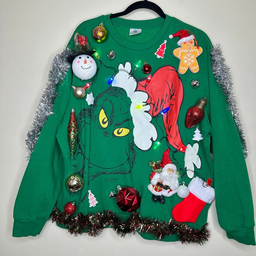 Ugly Christmas Sweater Grinch LIGHTS UP Tacky Tinsel Xmas Party Winner Size XL